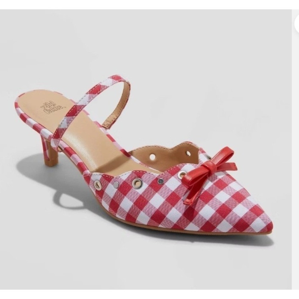 Wild Fable Lysandra Gingham Eyelet Kitten Heels Checkered Bow‎ Pumps 6.5